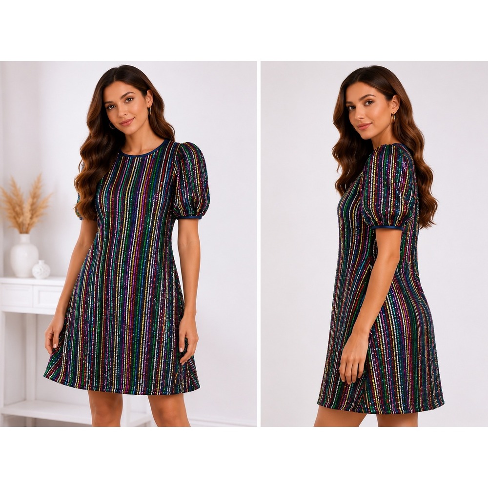 Hannah Banana Sequin Dress Girls 16 Multi Color New Rainbow Stripe‎ Puff Sleeve